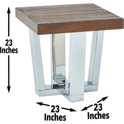 Rustic Modern End Table, Square Top, Chrome Base, Elm Veneer