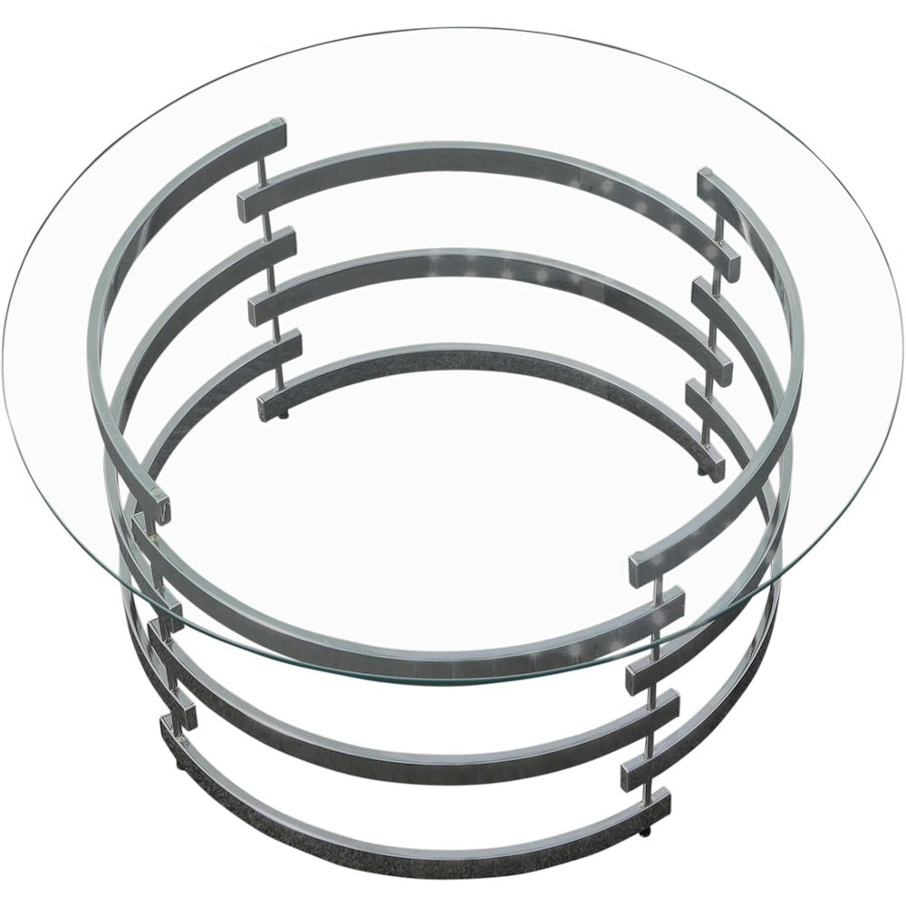Contemporary Cocktail Table, Round Glass Top, Chrome Base, Gray