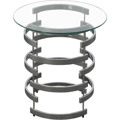 Contemporary End Table, Round Glass Top, Chrome Base, Gray