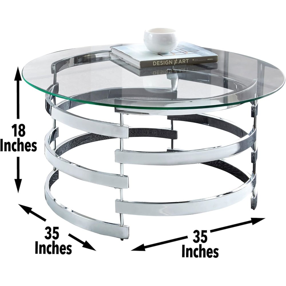 Contemporary Cocktail Table, Round Glass Top, Chrome Base, Gray