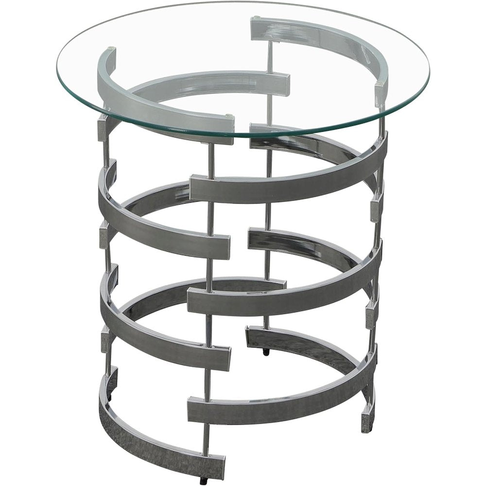 Contemporary End Table, Round Glass Top, Chrome Base, Gray