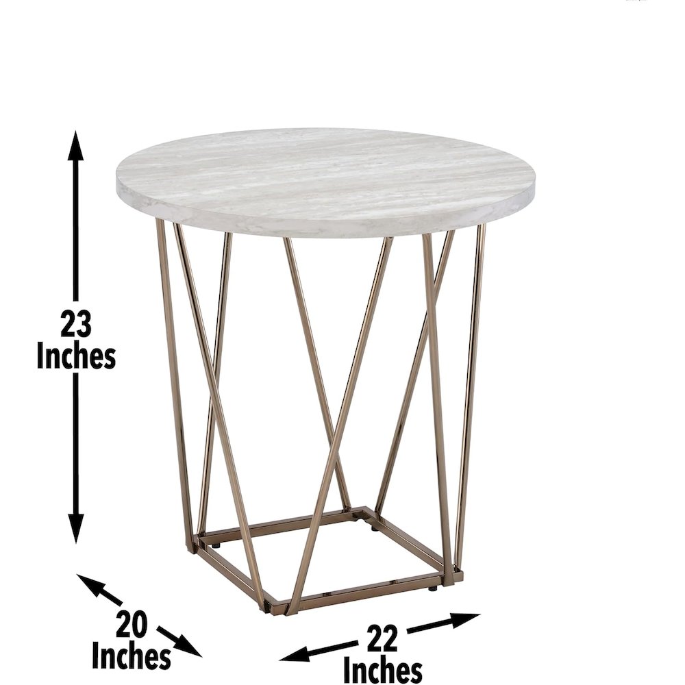 Faux Marble Top End Table, 24"H, Metal Base, Gray/White