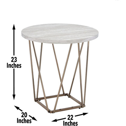 Faux Marble Top End Table, 24"H, Metal Base, Gray/White