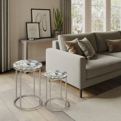 Nesting Side Tables – Living Room Tables with Agate Stone Tops and Wood Detail