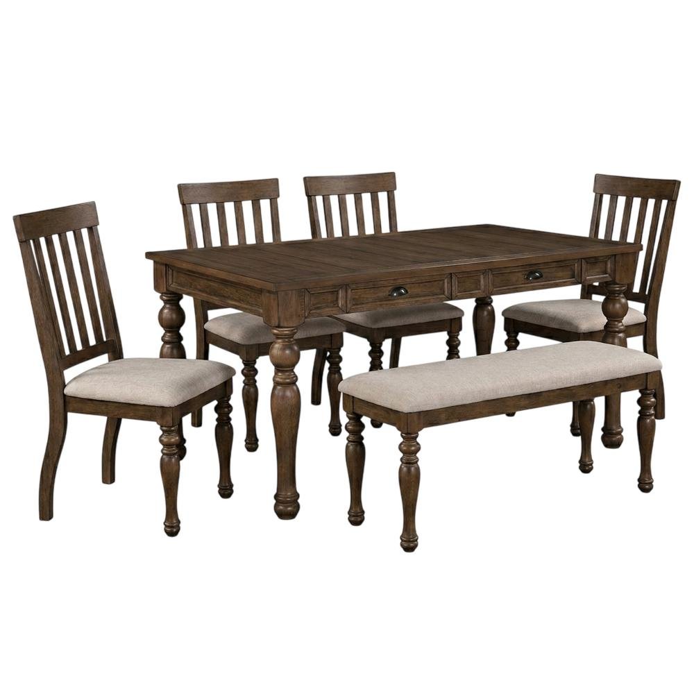 Wood Dining Table Set for 6 with Upholstered Chairs, Kitchen Table Set, Brown