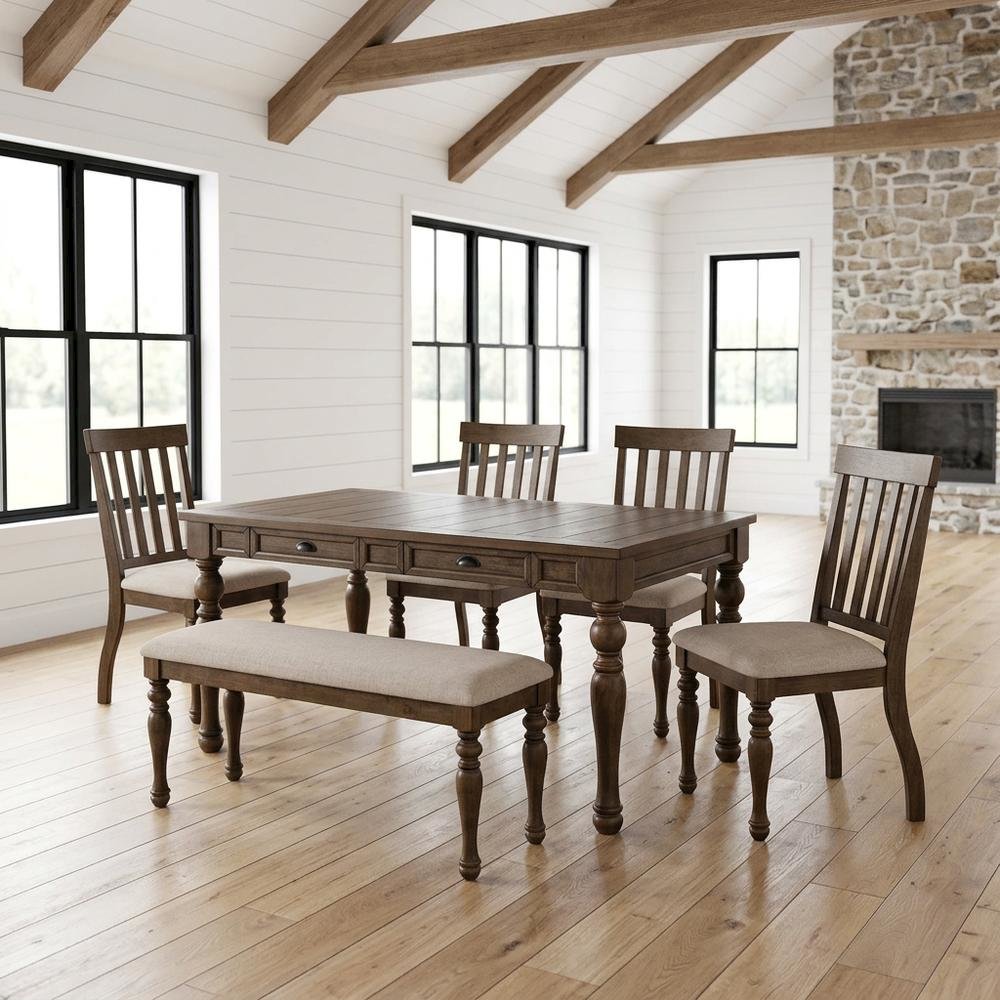 Wood Dining Table Set for 6 with Upholstered Chairs, Kitchen Table Set, Brown