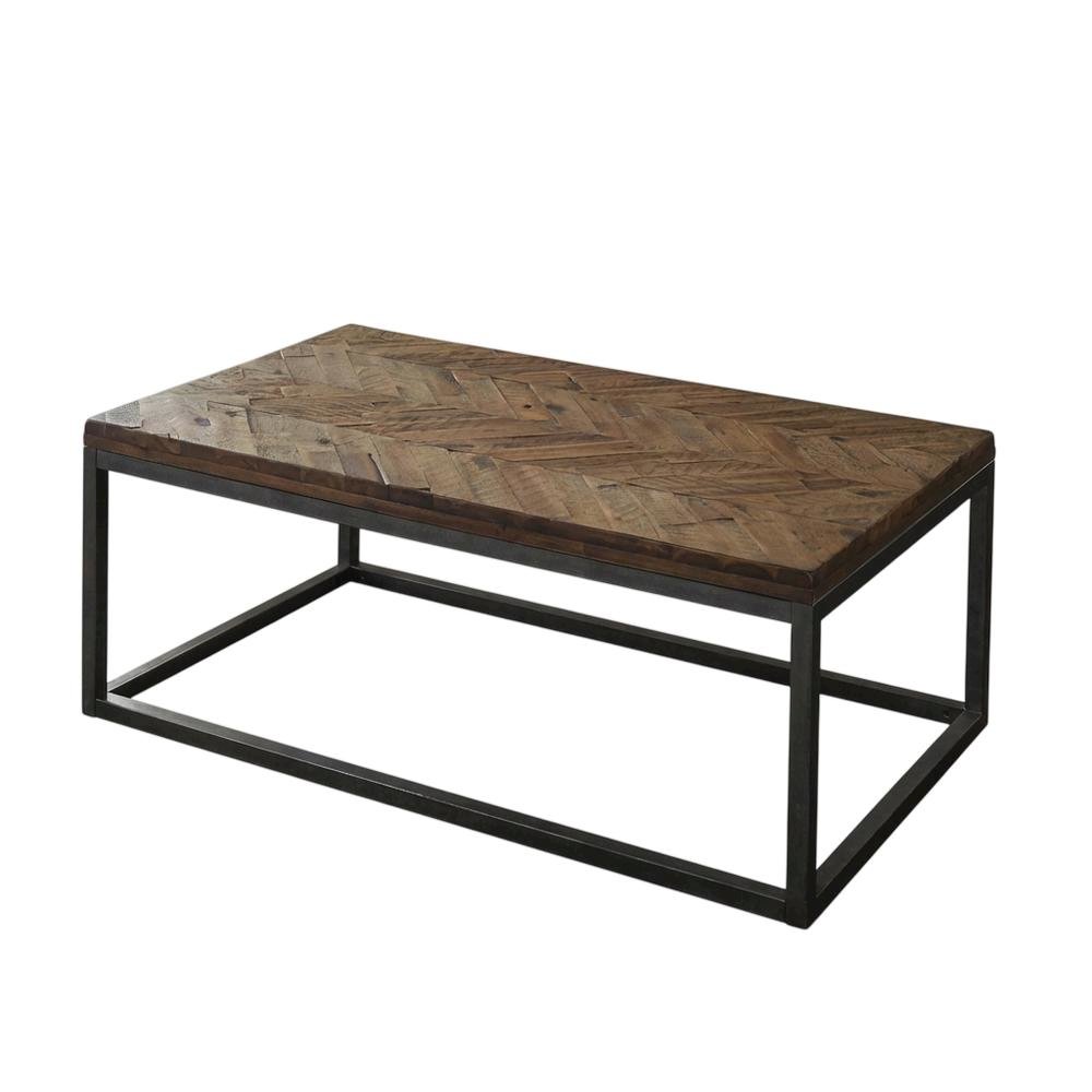 Distressed Acacia Cocktail Table with Nickel Finish Base for Living Room