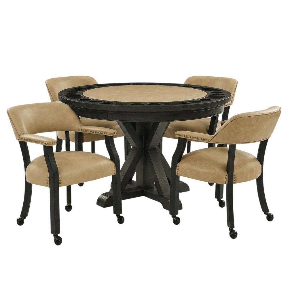 Vegan Leather Dining Table and Chairs with Reversible Game Top, Black