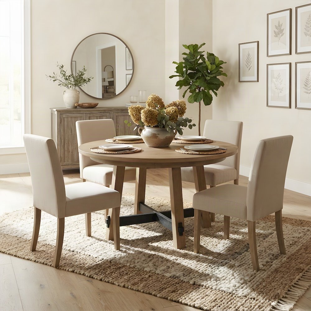 Rubberwood and MDF Round Dining Table, Pedestal Kitchen Table, Brown