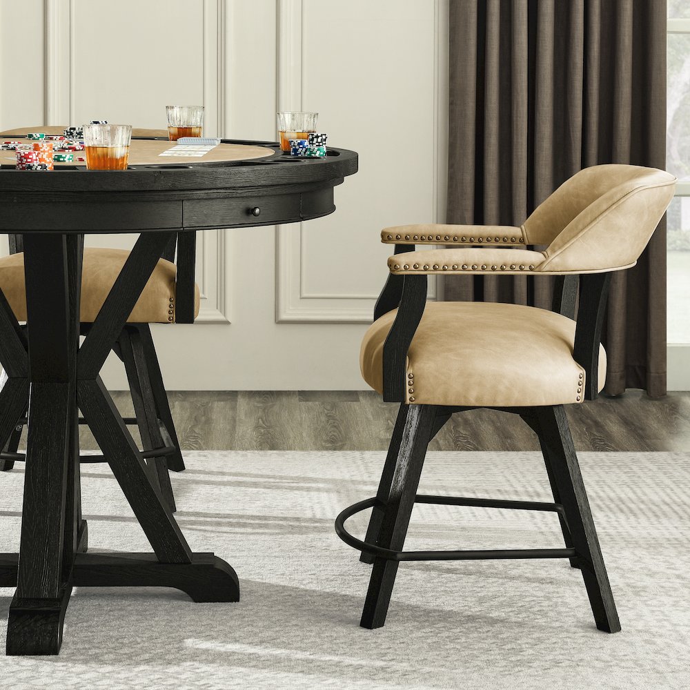 Counter Table with Game Top, 4 Counter Chairs, Black Finish, Sand Vegan Leather