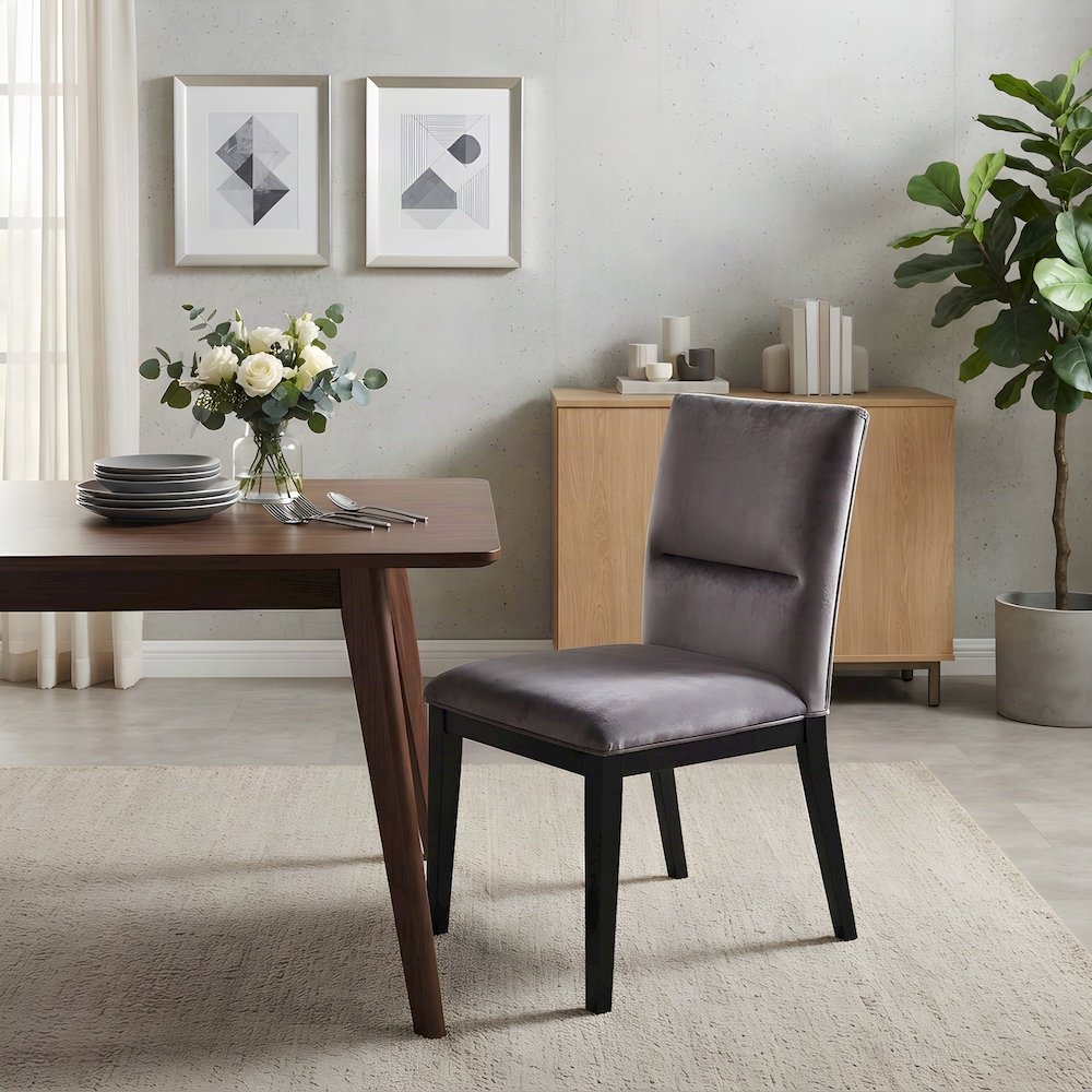 Polyester-Upholstered Dining Chair with Solid Rubberwood Legs, Gray