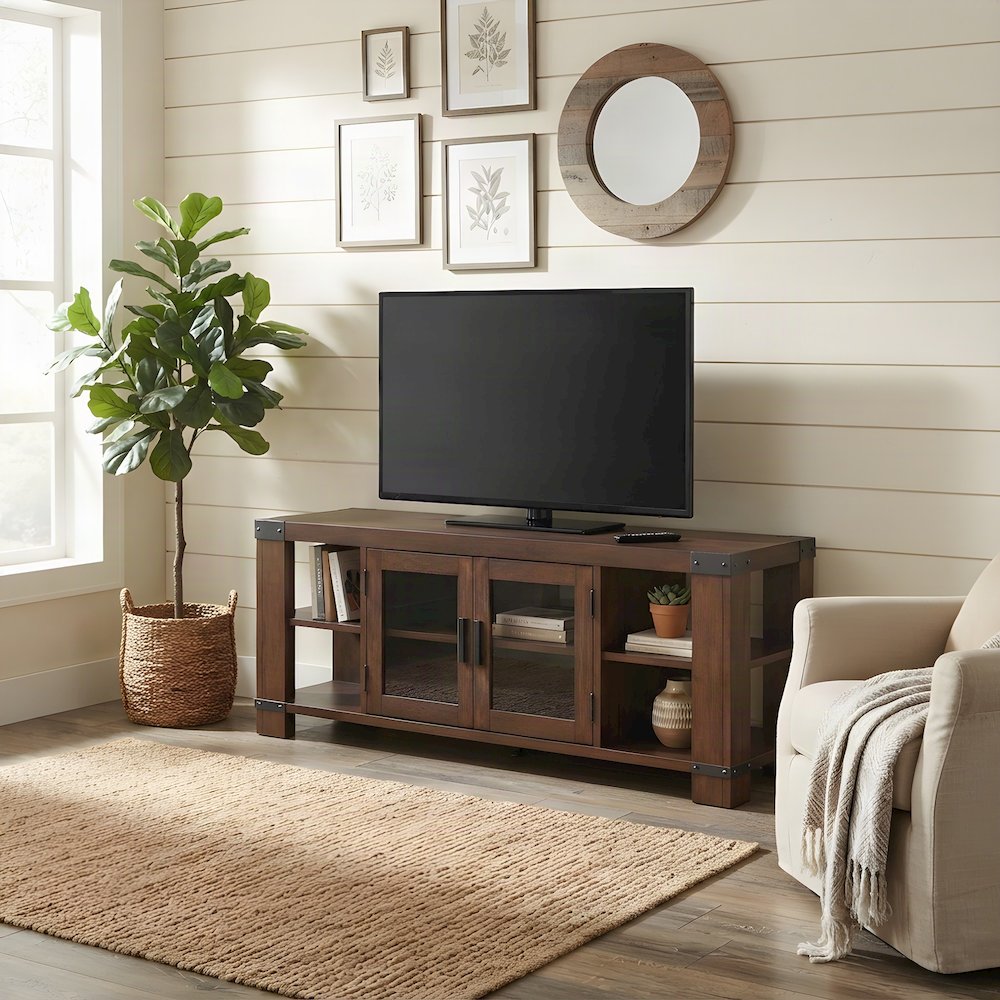 Wood Veneer and Iron Farmhouse TV Stand, Entertainment Center, Brown
