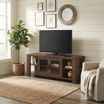 Wood Veneer and Iron Farmhouse TV Stand, Entertainment Center, Brown