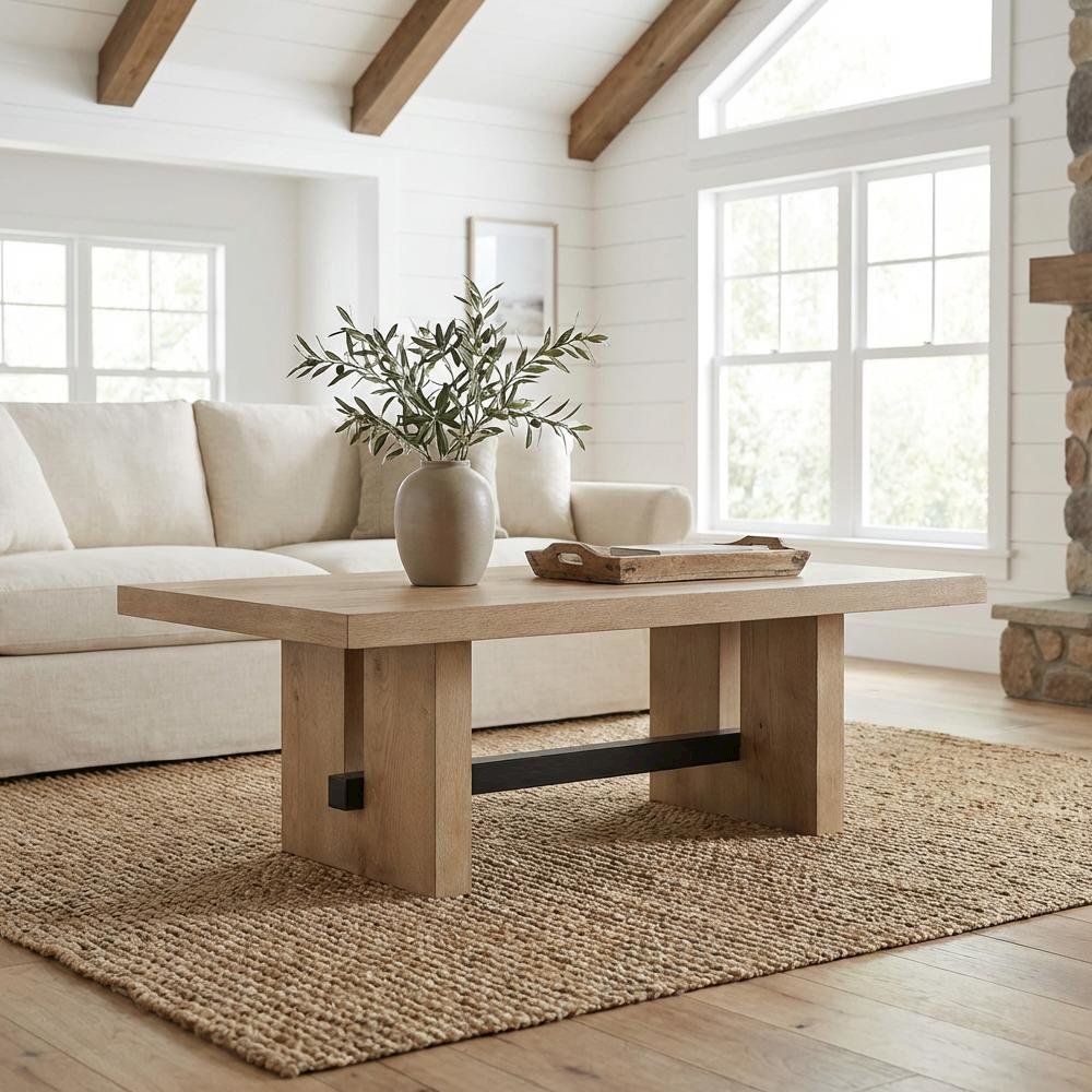 Brown Coffee Table with MDF Top Rubberwood Frame and Iron Legs
