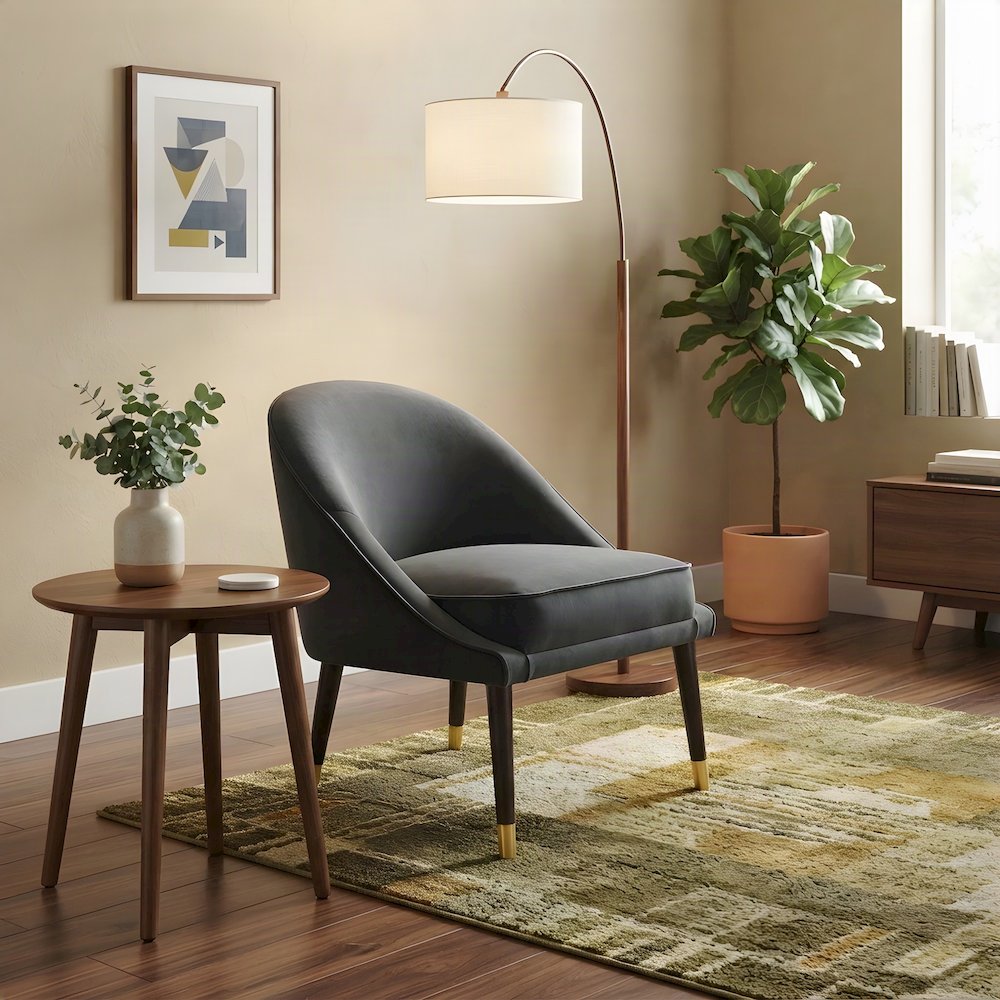 Velvet-Upholstered Accent Chair with Iron Frame, Mid-Century Modern, Gray