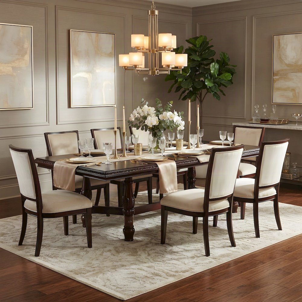 Poplar Extendable Rectangle Dining and Kitchen Table with Pedestal Base, Brown
