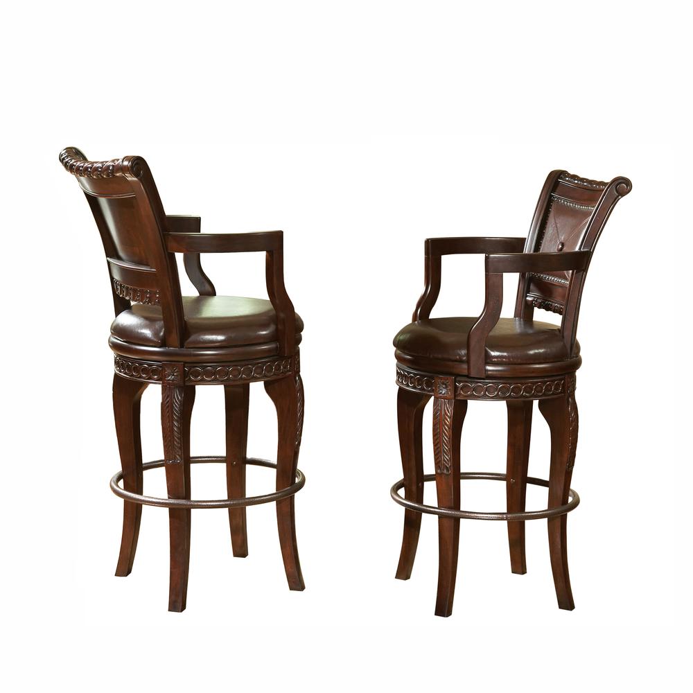 Swivel Bar Chairs- Set of 2, Multi-Step hand applied glazed finish in a warm brown cherry