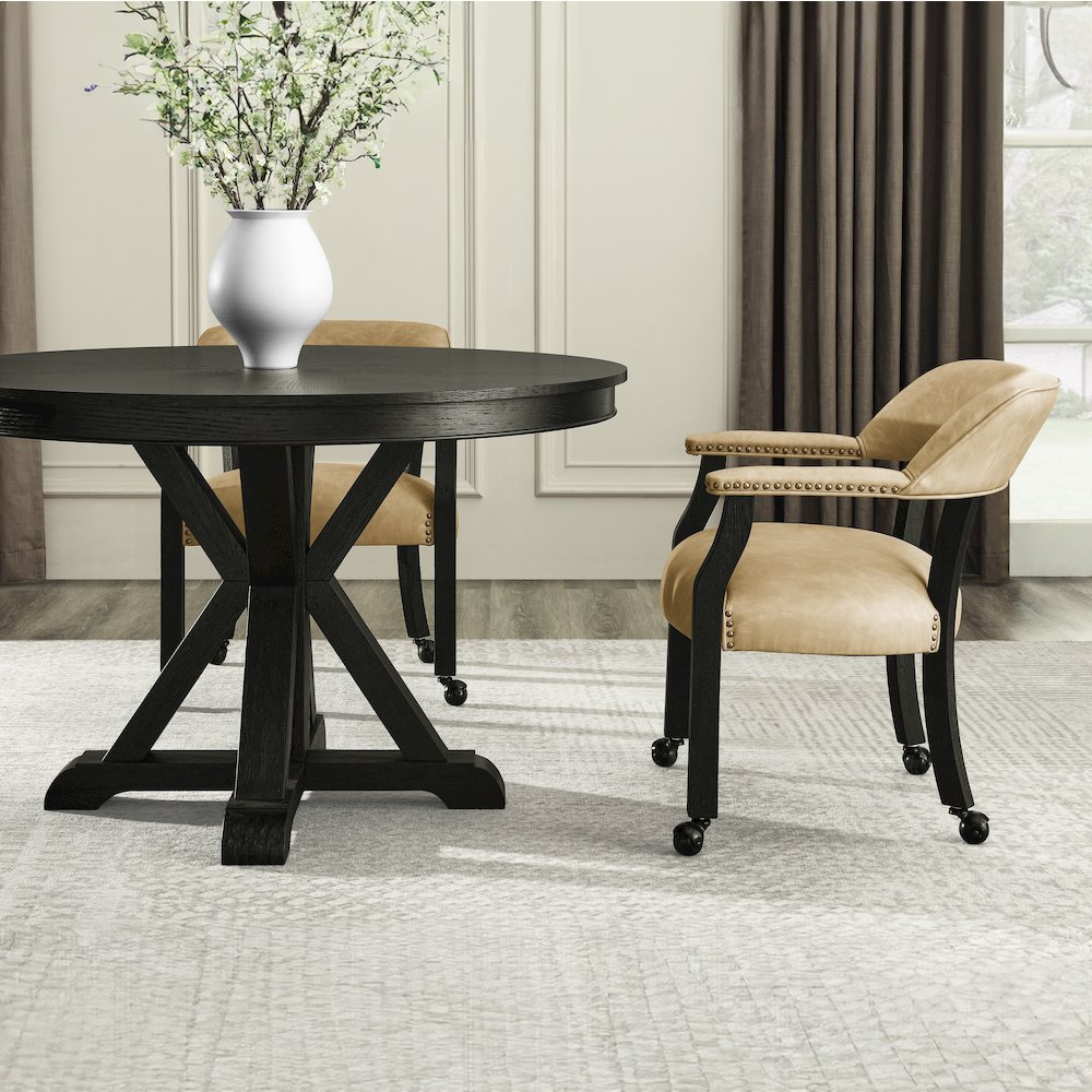 Rylie Dining Table & 4 Captains Chairs, Black Finish with Sand Vegan Leather
