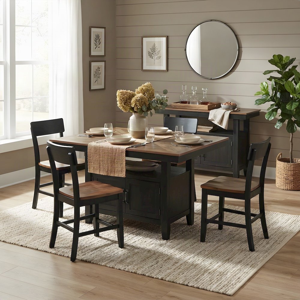 Iron and Rubberwood Counter Height Dining Table with Chairs 6 Piece Set, Black