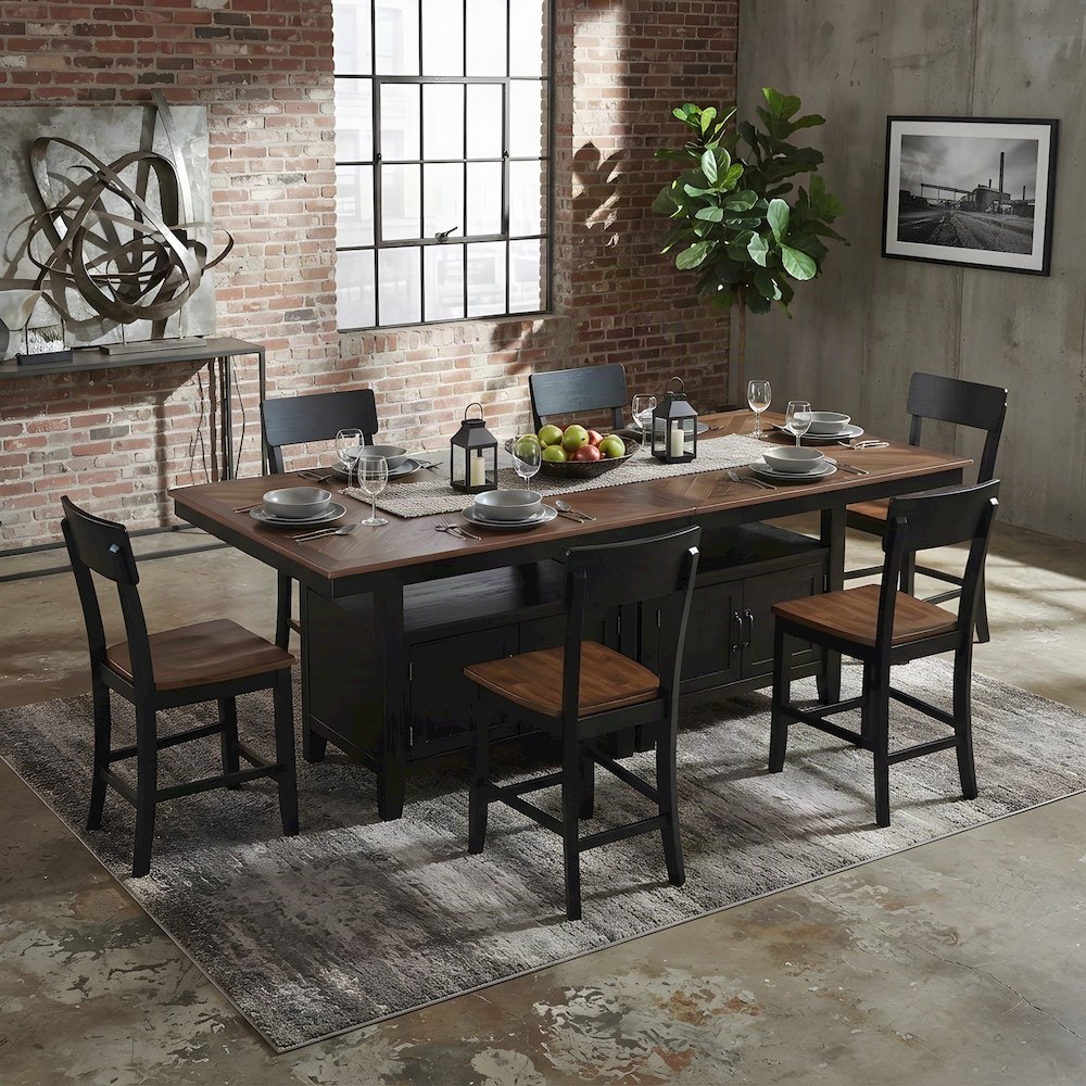 Iron and Rubberwood Counter Height Dining Table with Chairs 6 Piece Set, Black