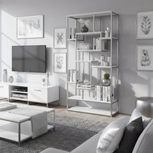 Contemporary Bookcase, Staggered Shelves, White/Chrome, Durable & Tall Storage