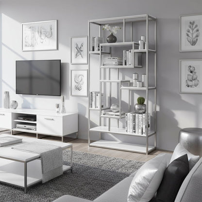 Contemporary Bookcase, Staggered Shelves, White/Chrome, Durable & Tall Storage