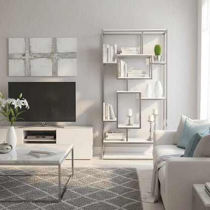 Contemporary Bookcase, Staggered Shelves, White/Chrome, Durable & Tall Storage