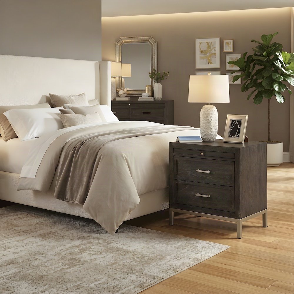 Acacia Veneer Nightstand with Iron-Leg Base, Modern Bedside Table, Brown