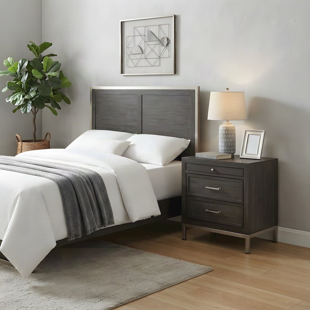 Acacia Veneer Nightstand with Iron-Leg Base, Modern Bedside Table, Brown