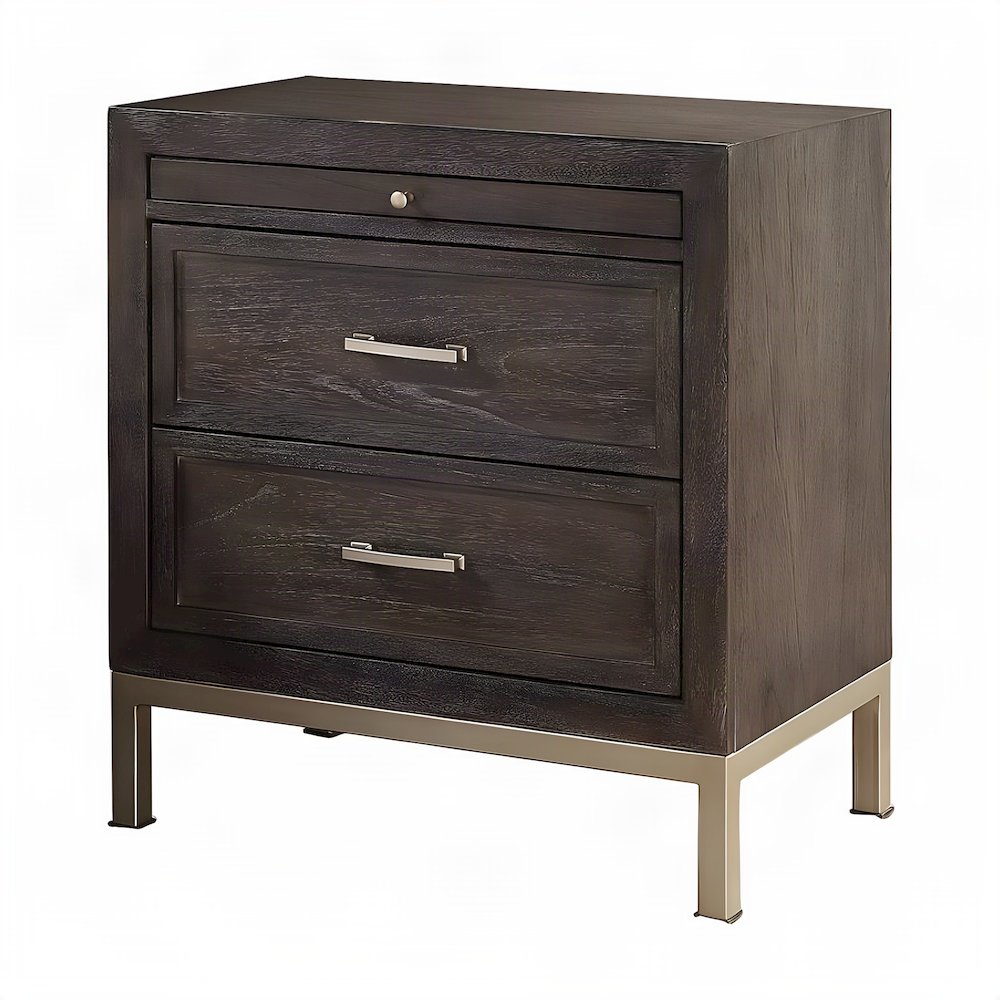 Acacia Veneer Nightstand with Iron-Leg Base, Modern Bedside Table, Brown