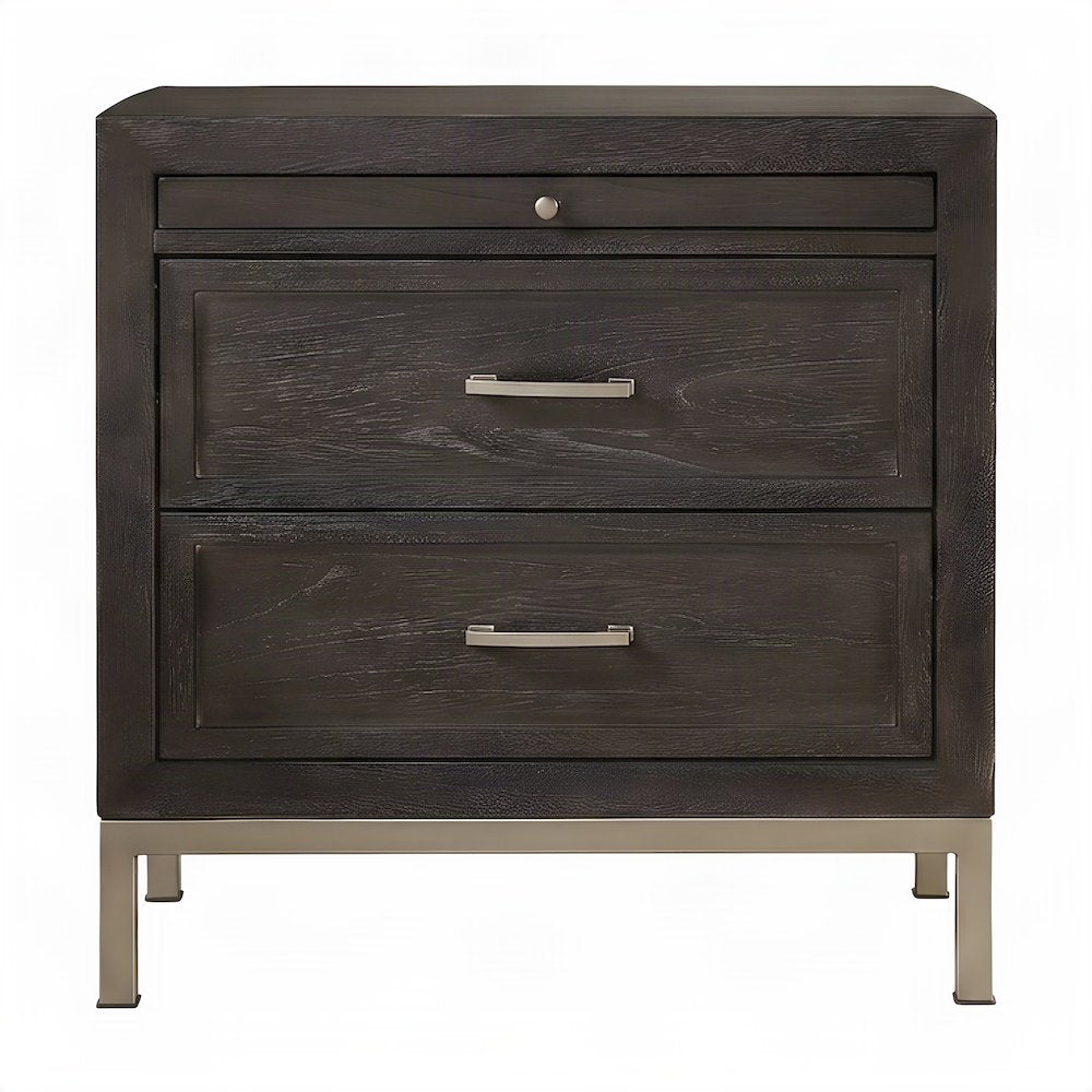 Acacia Veneer Nightstand with Iron-Leg Base, Modern Bedside Table, Brown