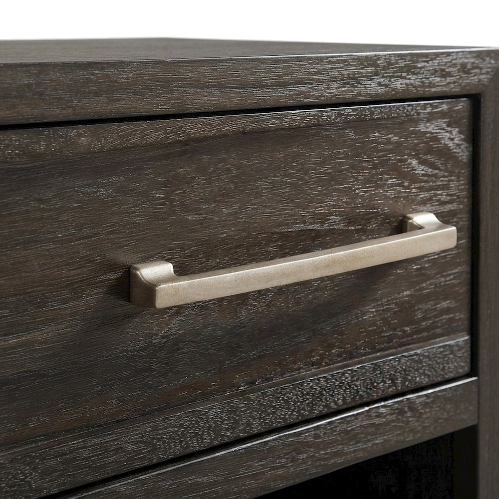 Acacia Veneer Nightstand with Iron-Leg Base, Modern Bedside Table, Brown