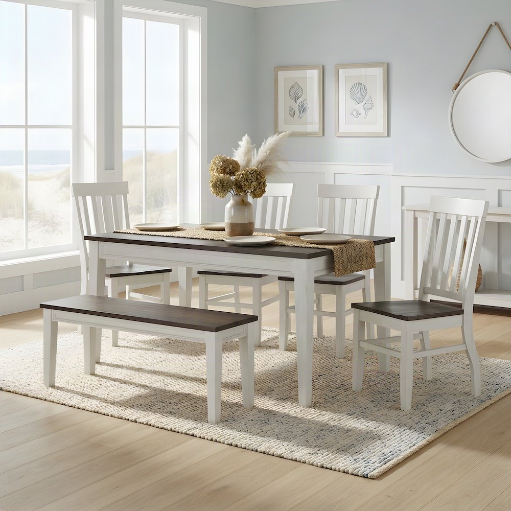 Mango Wood Fixed Top Dining Table, Modern Farmhouse Kitchen Table, White