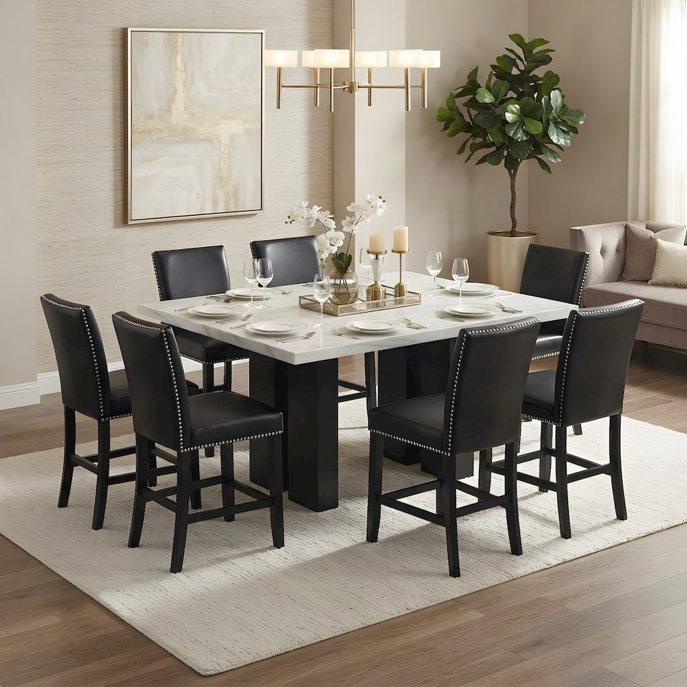 Wood and Marble Counter Height Dining Table with Chairs, 7 Piece Set, Black