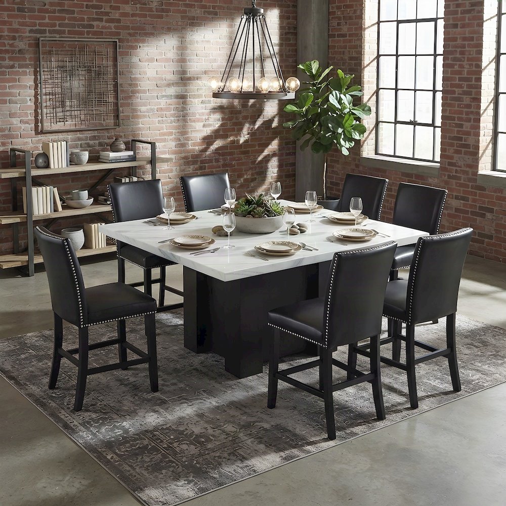 Wood and Marble Counter Height Dining Table with Chairs, 7 Piece Set, Black