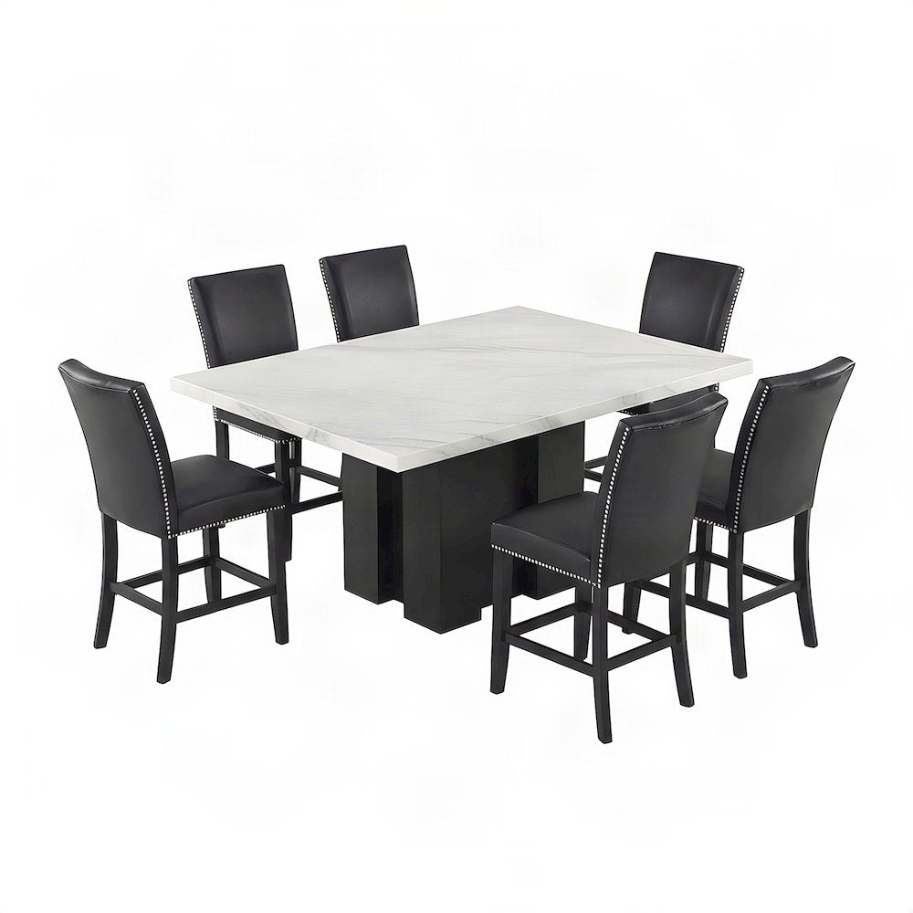 Wood and Marble Counter Height Dining Table with Chairs, 7 Piece Set, Black