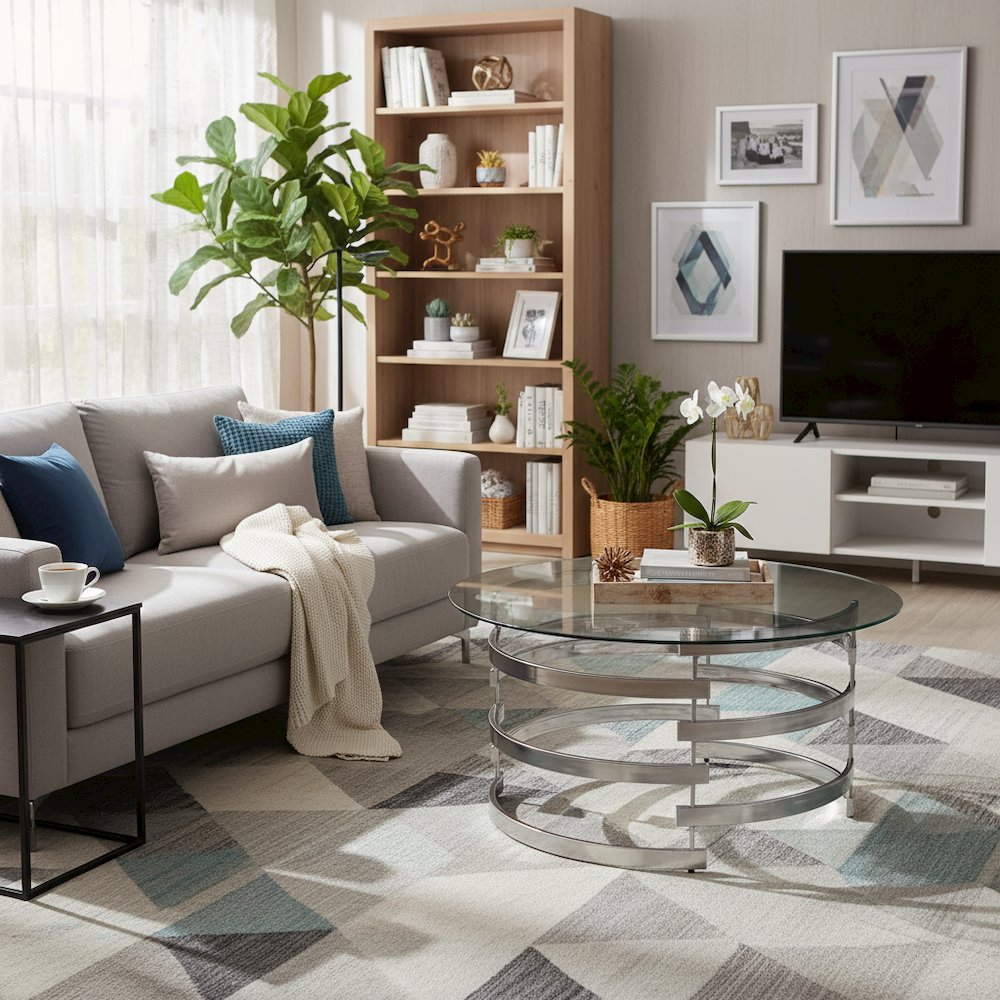Contemporary Cocktail Table, Round Glass Top, Chrome Base, Gray