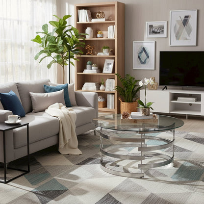 Contemporary Cocktail Table, Round Glass Top, Chrome Base, Gray