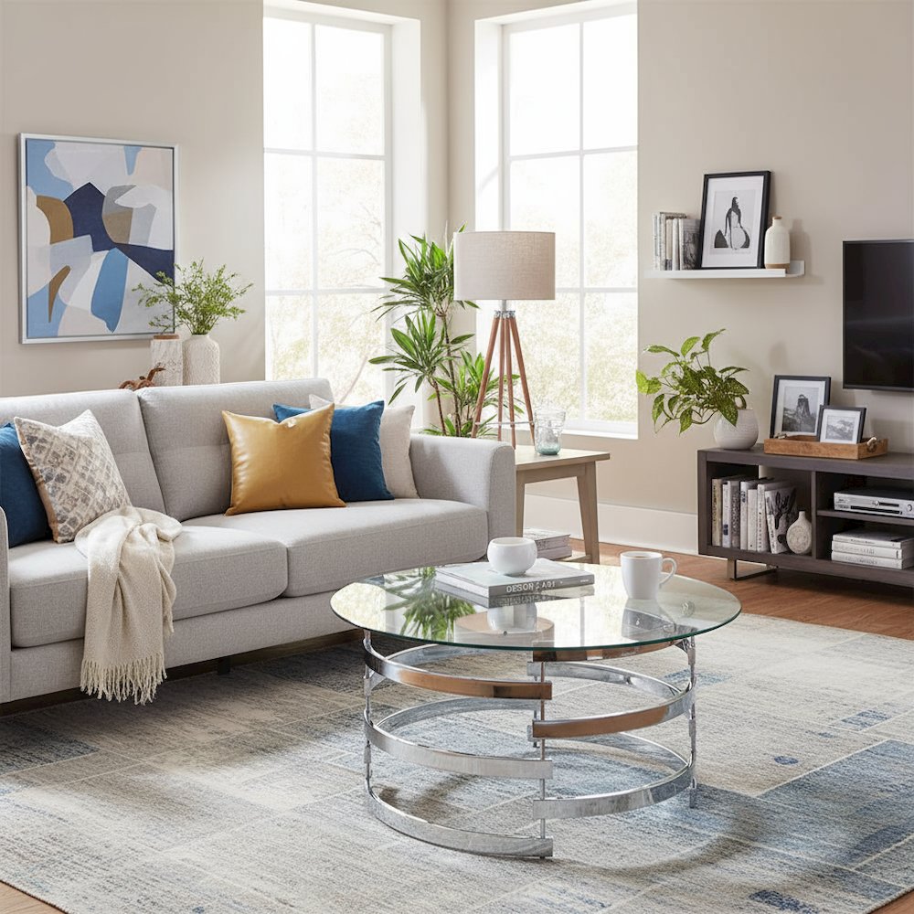 Contemporary Cocktail Table, Round Glass Top, Chrome Base, Gray