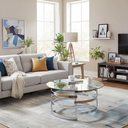 Contemporary Cocktail Table, Round Glass Top, Chrome Base, Gray