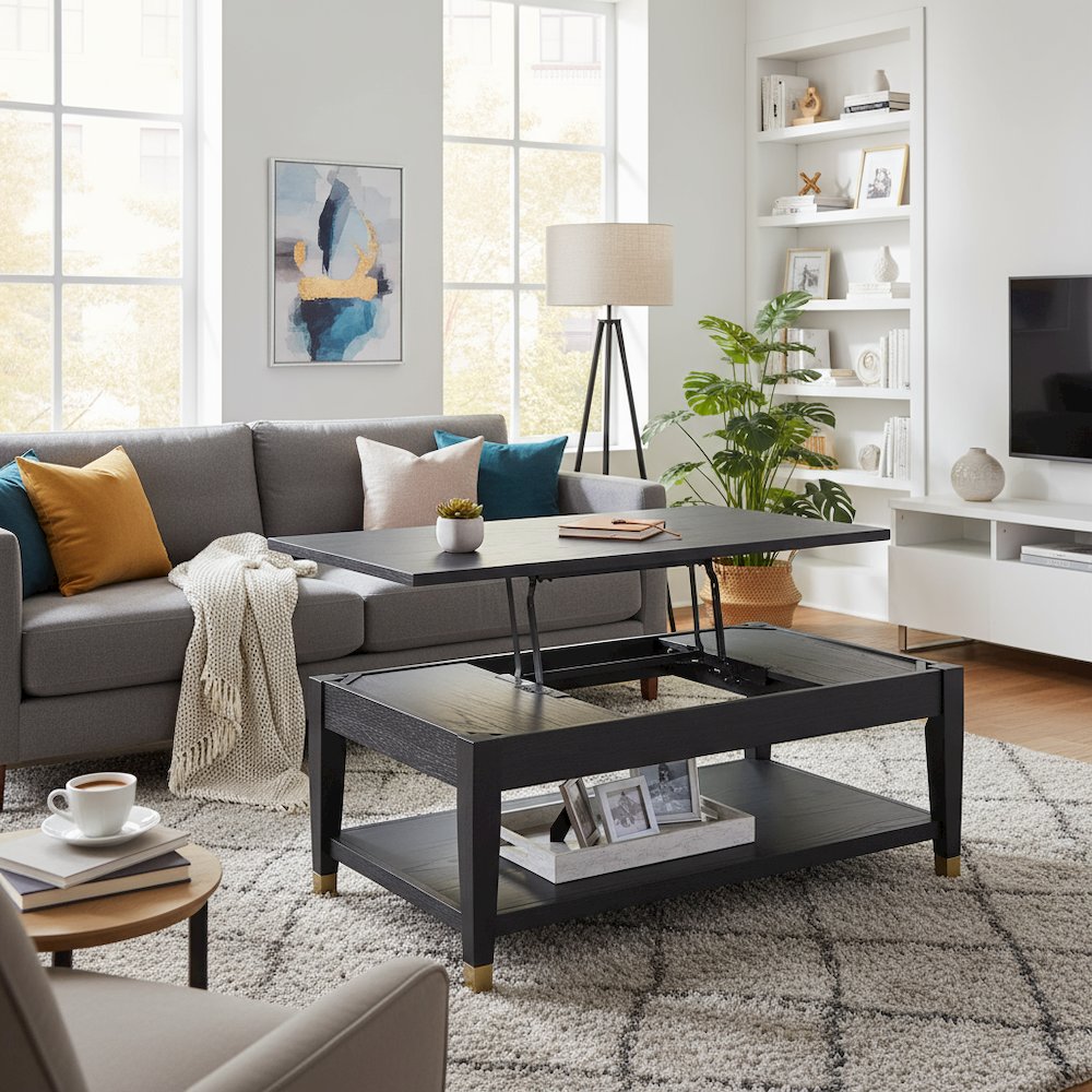 Lift-Top Coffee Table, Ash Veneer, Bottom Shelf, Black