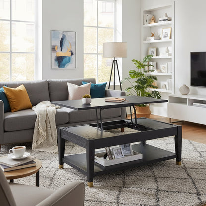Lift-Top Coffee Table, Ash Veneer, Bottom Shelf, Black