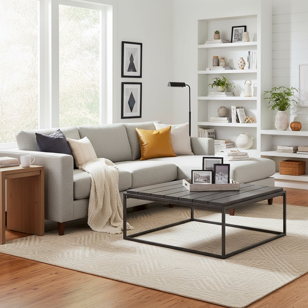Square Coffee Table, 48 Inch, Plank Top, Dark Grey Iron Base