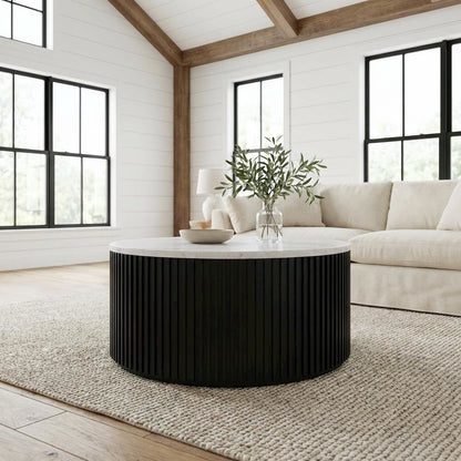 Round Black Coffee Table with White Marble Top and Casters MDF Iron Base