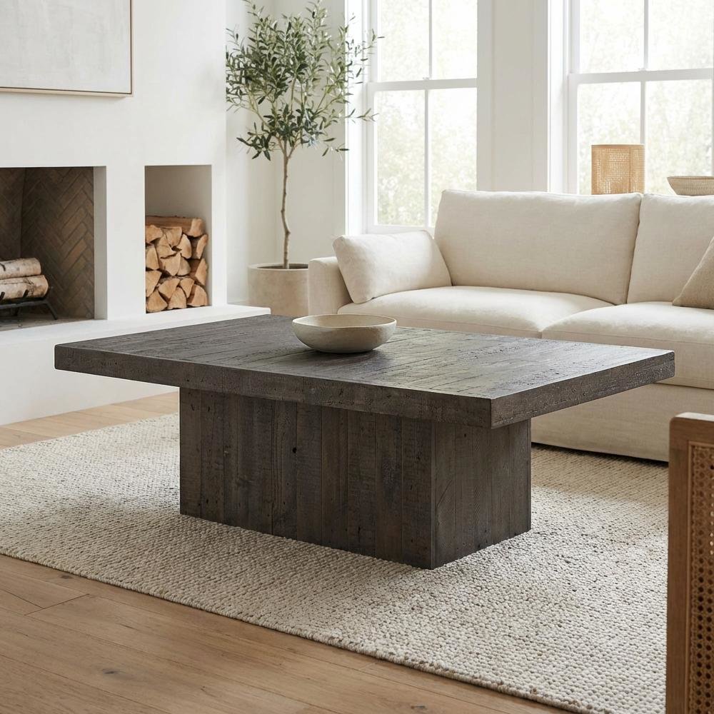 Gray Coffee Table with Pine and Iron Frame Durable Single Piece Design