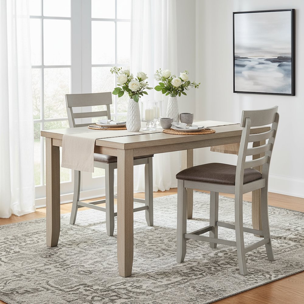 Counter Chair, Set of 2, Faux Leather Seat, Solid Wood Legs, Gray
