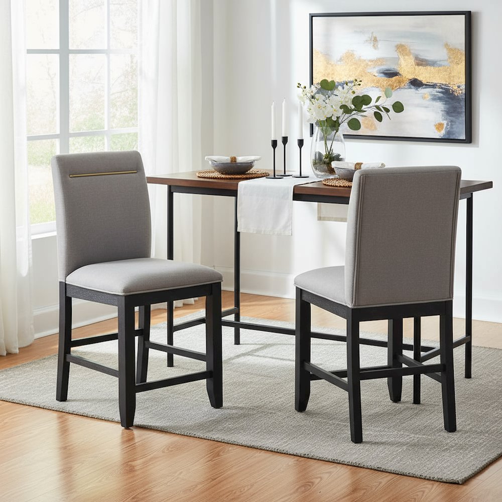 Upholstered Counter Chairs, Grey Performance Fabric, Gold Accent, Set of 2
