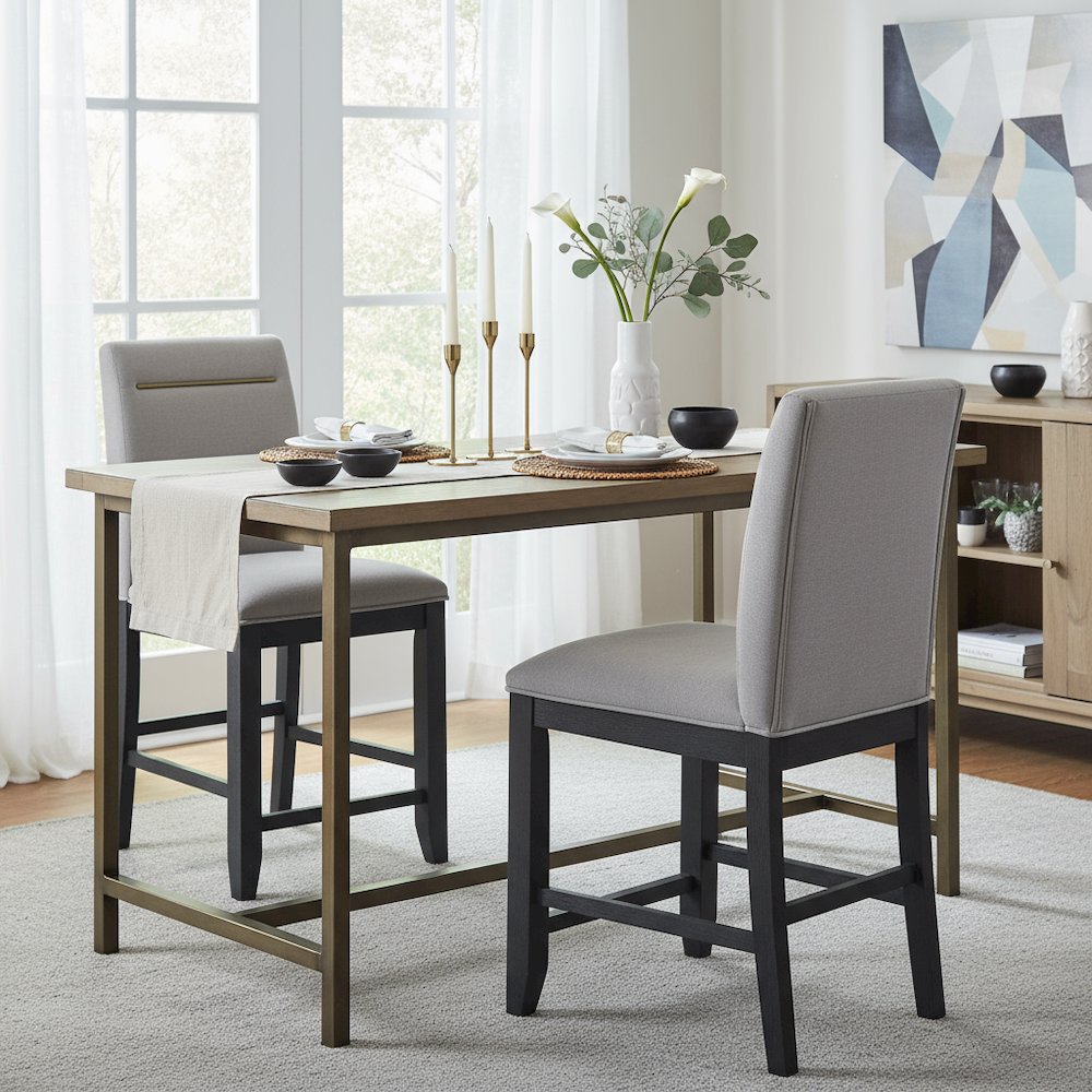 Upholstered Counter Chairs, Grey Performance Fabric, Gold Accent, Set of 2