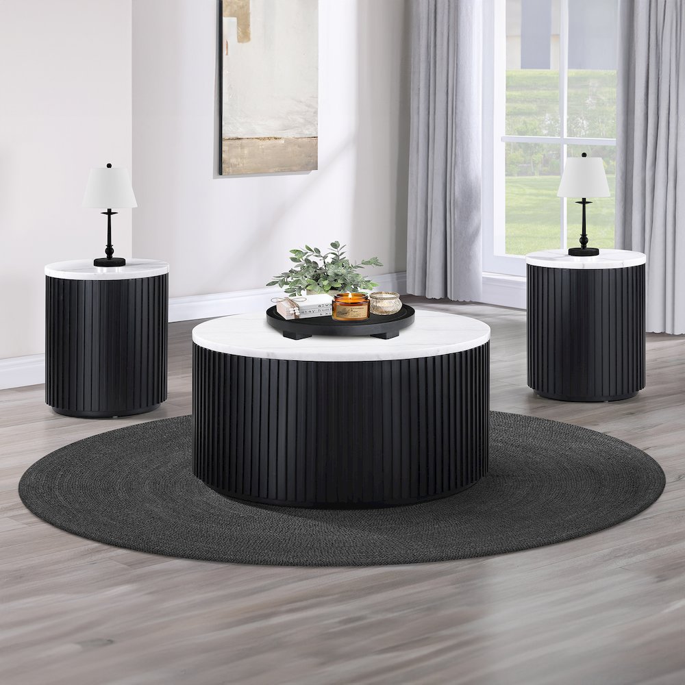 Colvin Round White Marble Top Table Set, Black Finish