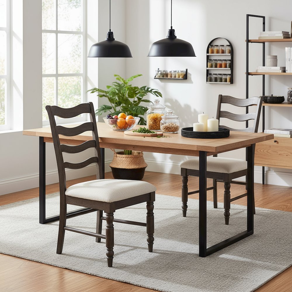 Ladderback Side Chairs, Upholstered Seat, Turned Legs, Set of 2